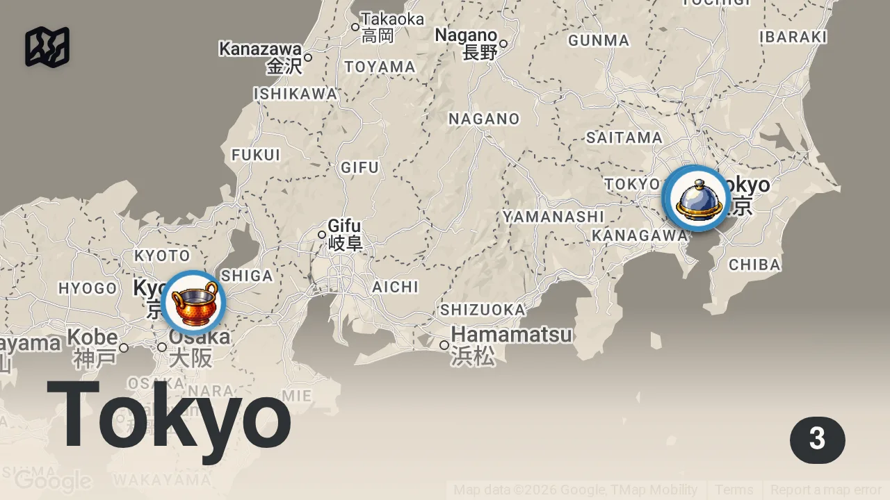 Map of 3 spots from How much I eat to cycle across Japan! (a TON)