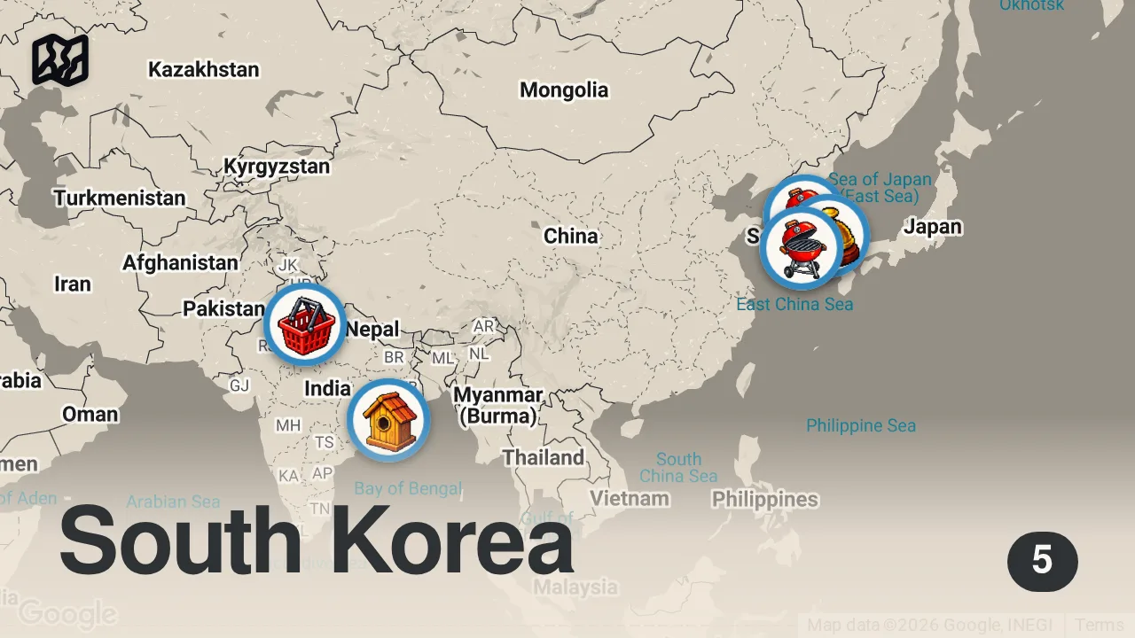 Map of 5 spots from Extra Crispy Fried Chicken!! 🍗 STREET FOOD KOREA + My New Favorite Korean Food!