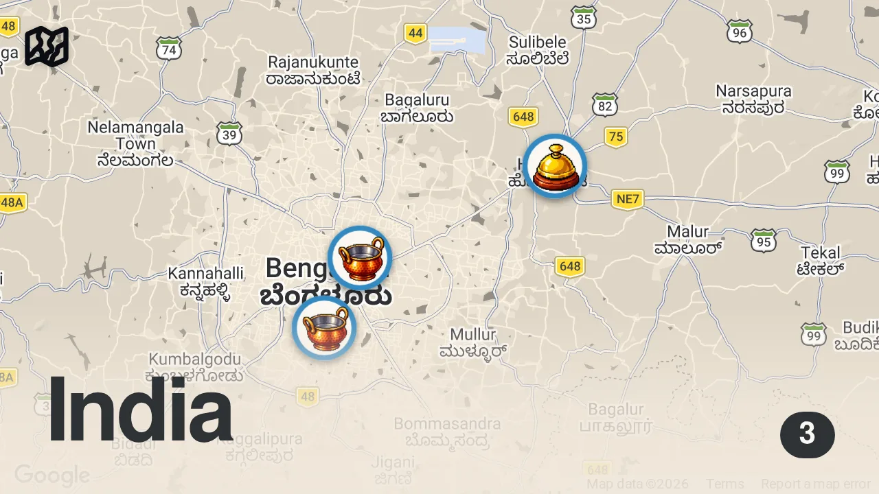 Map of 3 spots from 1,000 Kg. BIRYANI JACUZZI - Giant Indian Food!! 🇮🇳 Biryani Tour in Bengaluru, India!