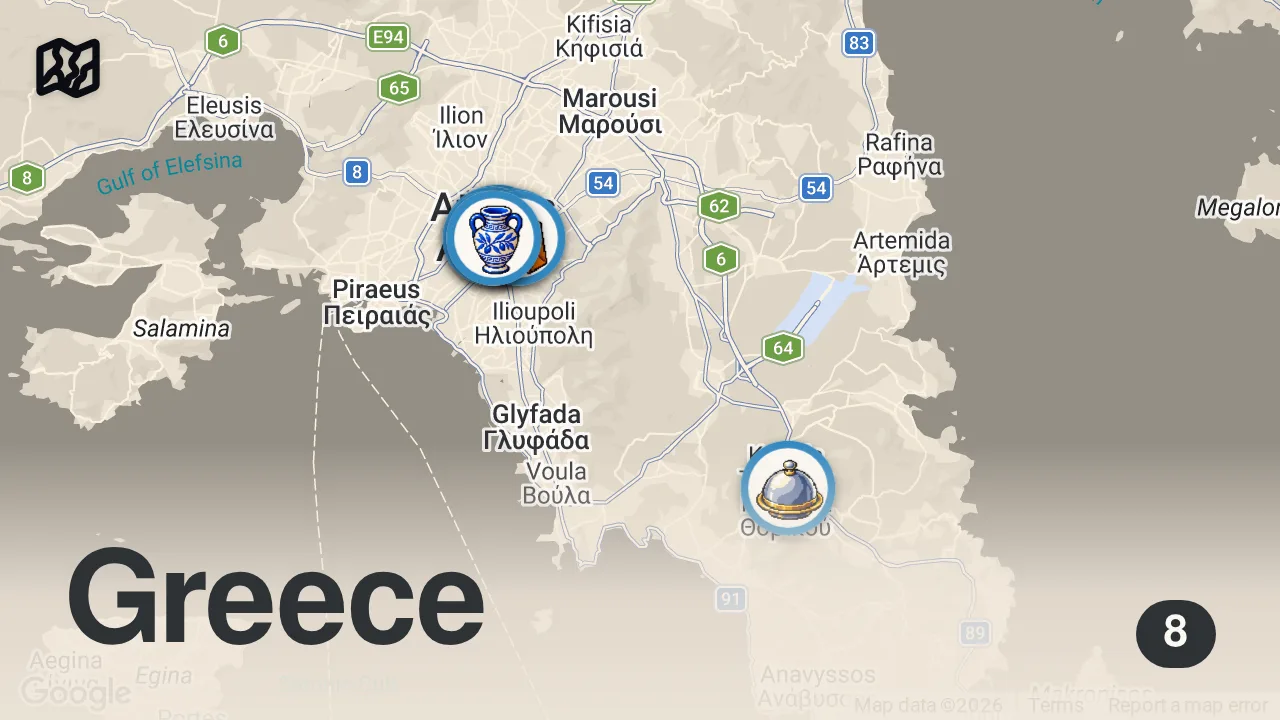 Map of 8 spots from Greek Food - STREET FOOD TOUR and Amazing Souvlaki in Athens, Greece!