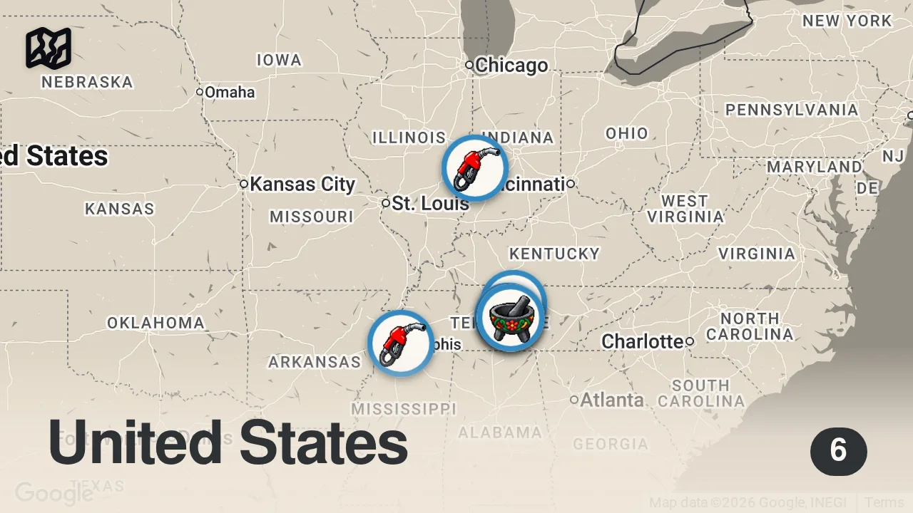 Map of 6 spots from Eating at GAS Stations For 24 Hours... (Nashville)
