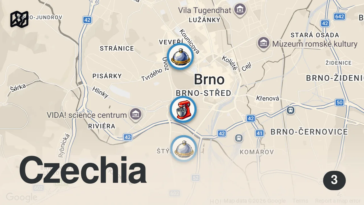 Map of 3 spots from 24H in Brno | BEER & FOOD Tour in Czechia
