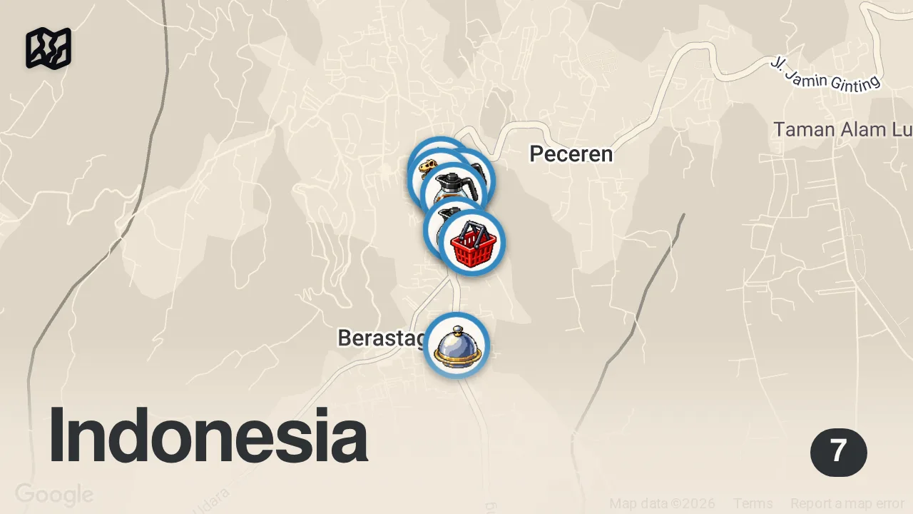 Map of 7 spots from Indonesian street food in BRASTAGI - Karo BBQ + INSANE noodles + Crazy traditional market