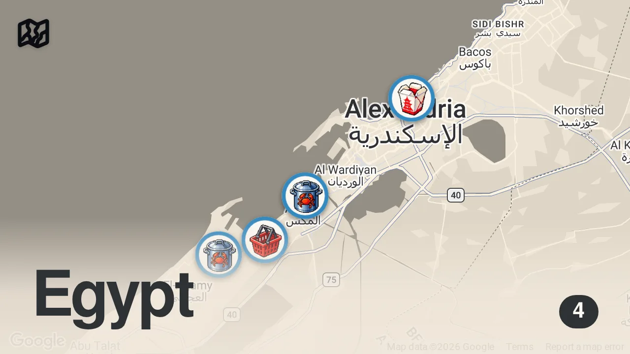 Map of 4 spots from Egyptian Street Food - $70 Seafood Paradise in Alexandria!! 🇪🇬