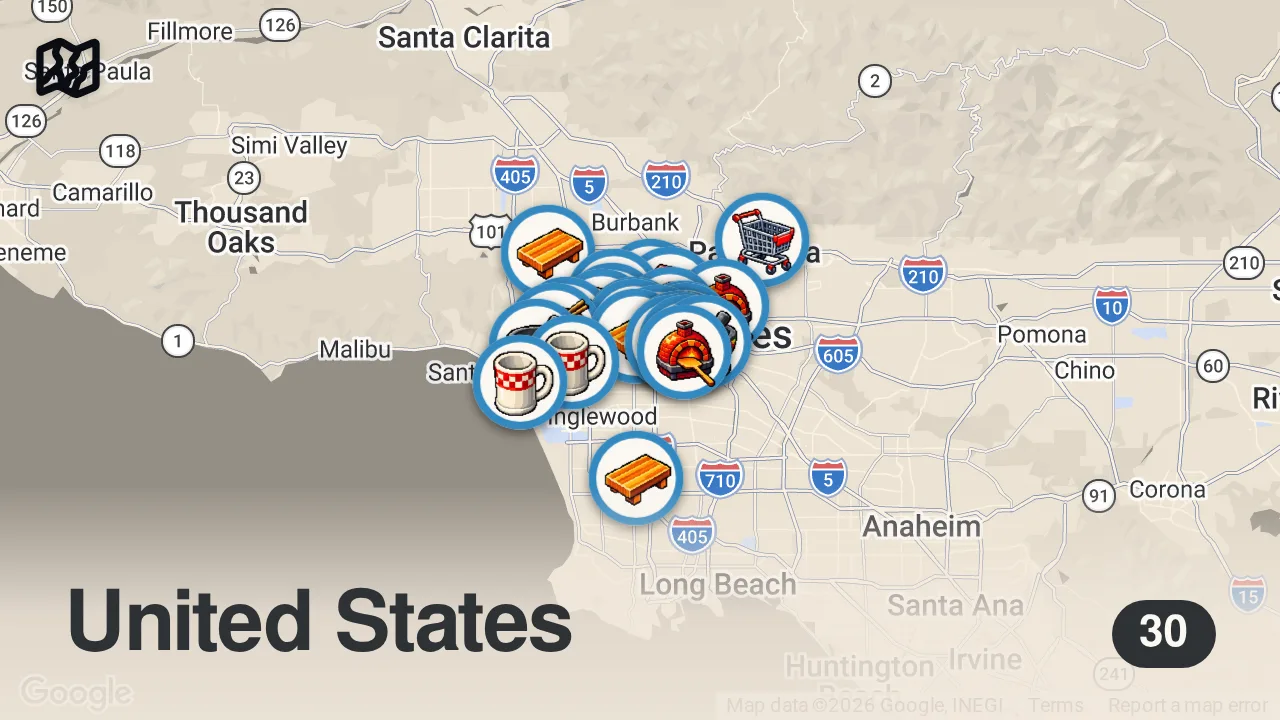 Map of 30 spots from Finding The Best Food In Los Angeles | Food Tours Season 8 Marathon | Including Bloopers