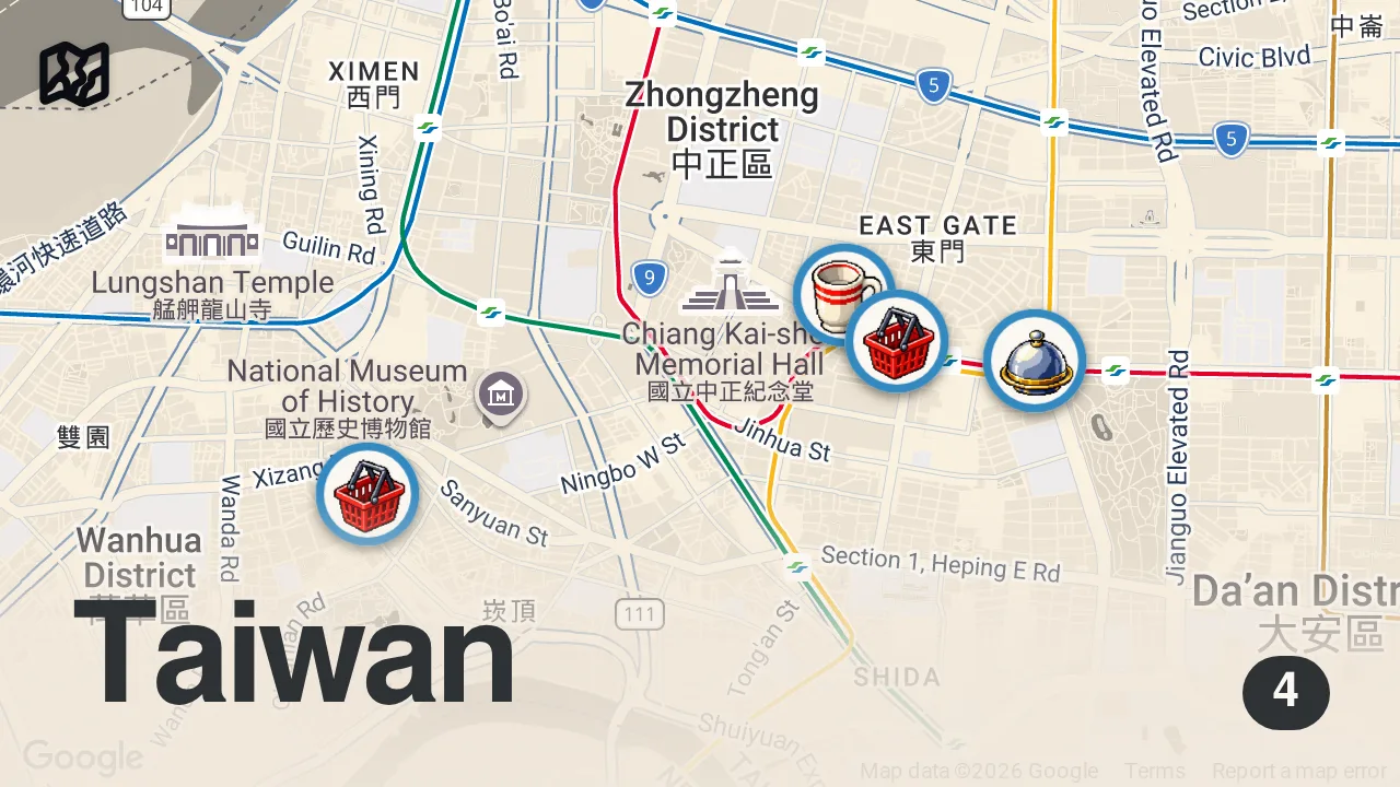 Map of 4 spots from 14 Hour NONSTOP Eating Taiwanese Street Food in Taipei - DIN TAI FUNG + SPICY STINKY TOFU CHALLENGE