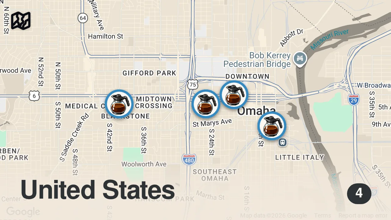 Map of 4 spots from Best Coffee in Omaha, Nebraska
