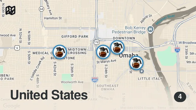 Map of Best Coffee in Omaha, Nebraska