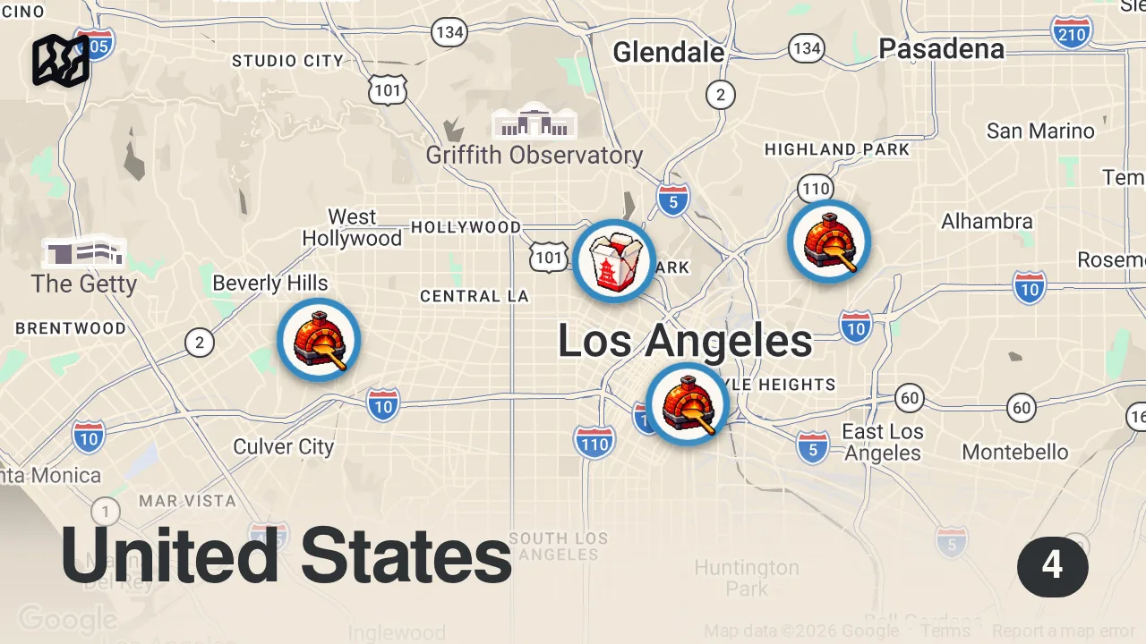 Map of 4 spots from Finding The Best Pizza In Los Angeles | Food Tours | Insider Food
