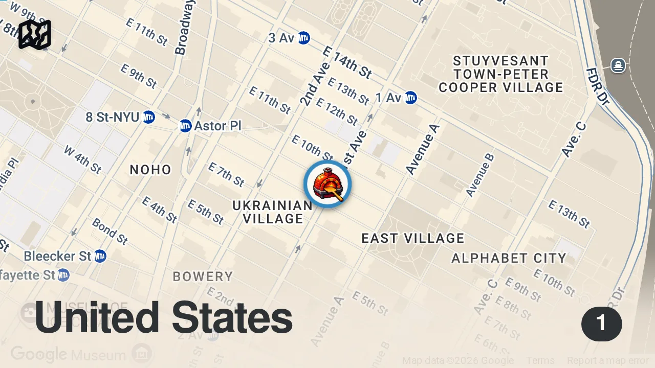 Map of 1 spot from Home of the DOUBLE STACKED PIZZA! Insane NYC Pizza Shop! | Who's Hungry? | DEVOUR POWER