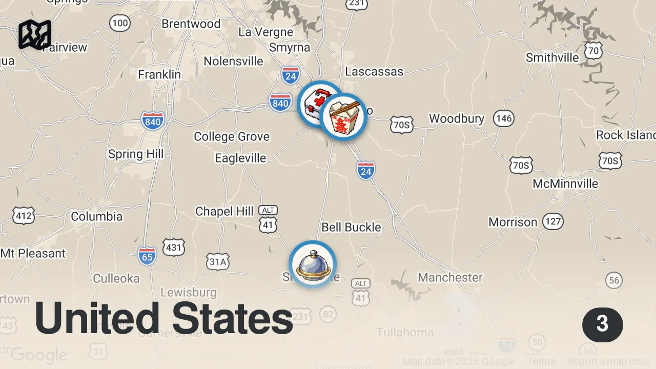 Map of 3 spots from Eating At Restaurants With NO Customers!