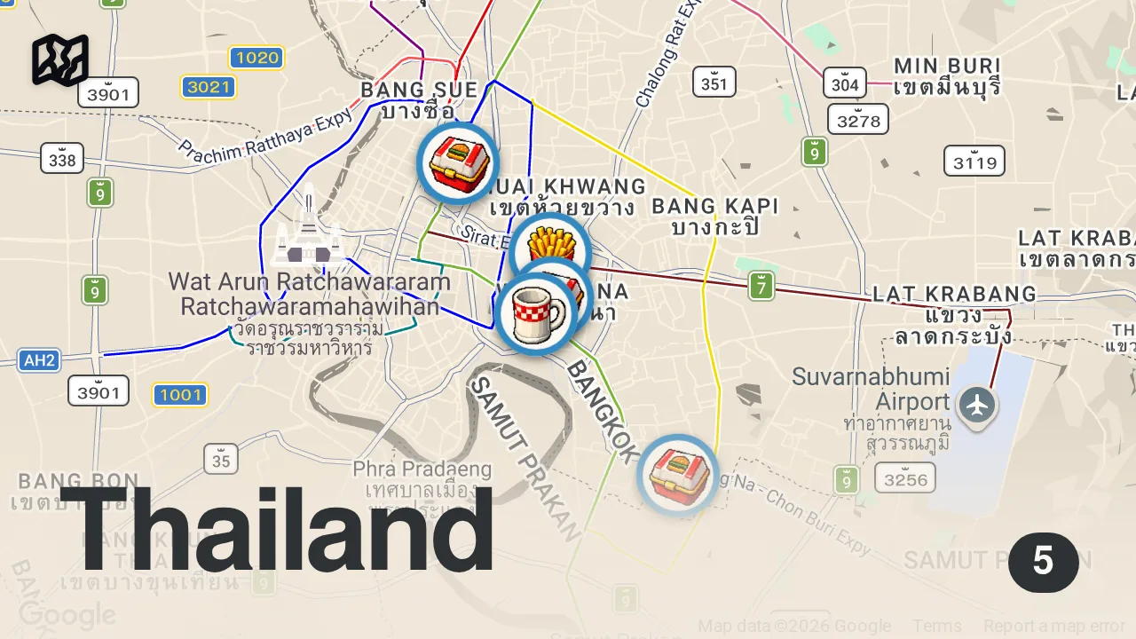 Map of 5 spots from Best BURGERS in Bangkok, Thailand!! 🍔 (Fast Food Has No Chance)