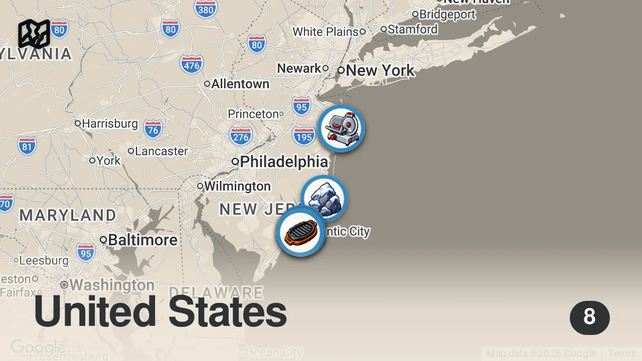 Map of 8 spots from BEST SEAFOOD in Atlantic City!! 🦐 USA FOOD TOUR - Anthony Bourdain New Jersey (Day 2)
