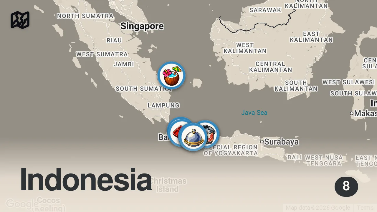 Map of 8 spots from 45 MUST TRY Indonesian foods - LAKSA Bogor + BANDUNG Noodles + Sundanese BBQ + CIREBON Fried Chicken