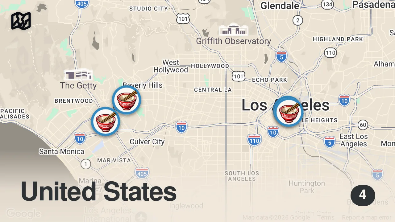 Map of 4 spots from Finding The Best Ramen In Los Angeles | Food Tours | Insider Food