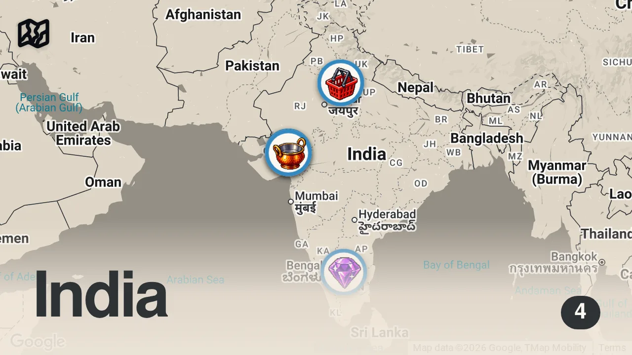 Map of 4 spots from HİNDİSTAN AHMEDABAD’DA KASAPLAR ÇARŞISI! HİJYENİN TAVAN YAPTIĞI YER!