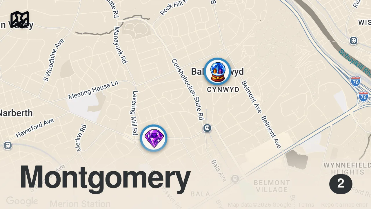 Map of 2 spots from Excellent new pizzeria in the Philly area.