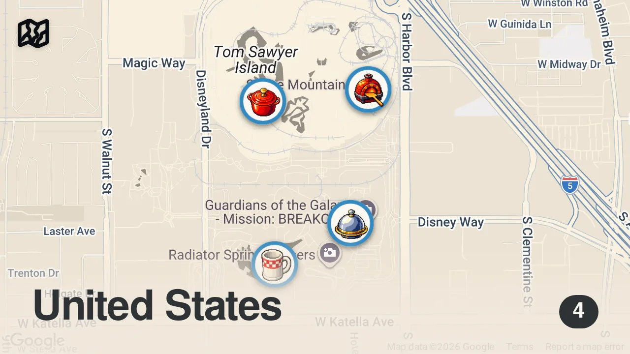 Map of 4 spots from Finding The Best Restaurant At Disneyland Resort | Food Tours | Insider Food