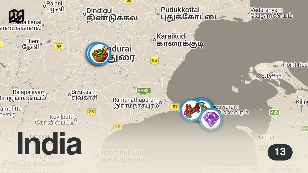 Map of 13 spots from Chennai to RAMESHWARAM vlog ~ Dhanushkodi, Pamban Bridge,Temples, Food & an evening in Madurai🛕🐚🌊