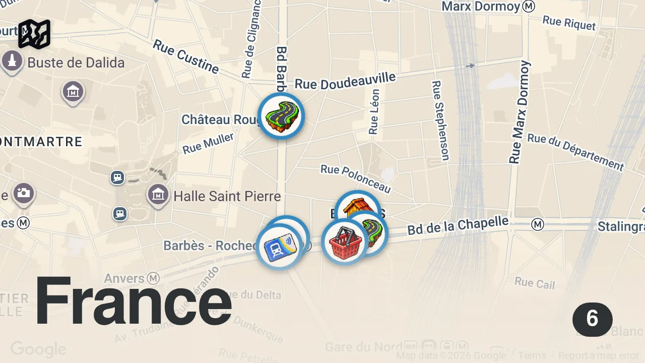 Map of 6 spots from BARBÈS: Le quartier le plus pauvre et dangereux de Paris Promenade à pied.