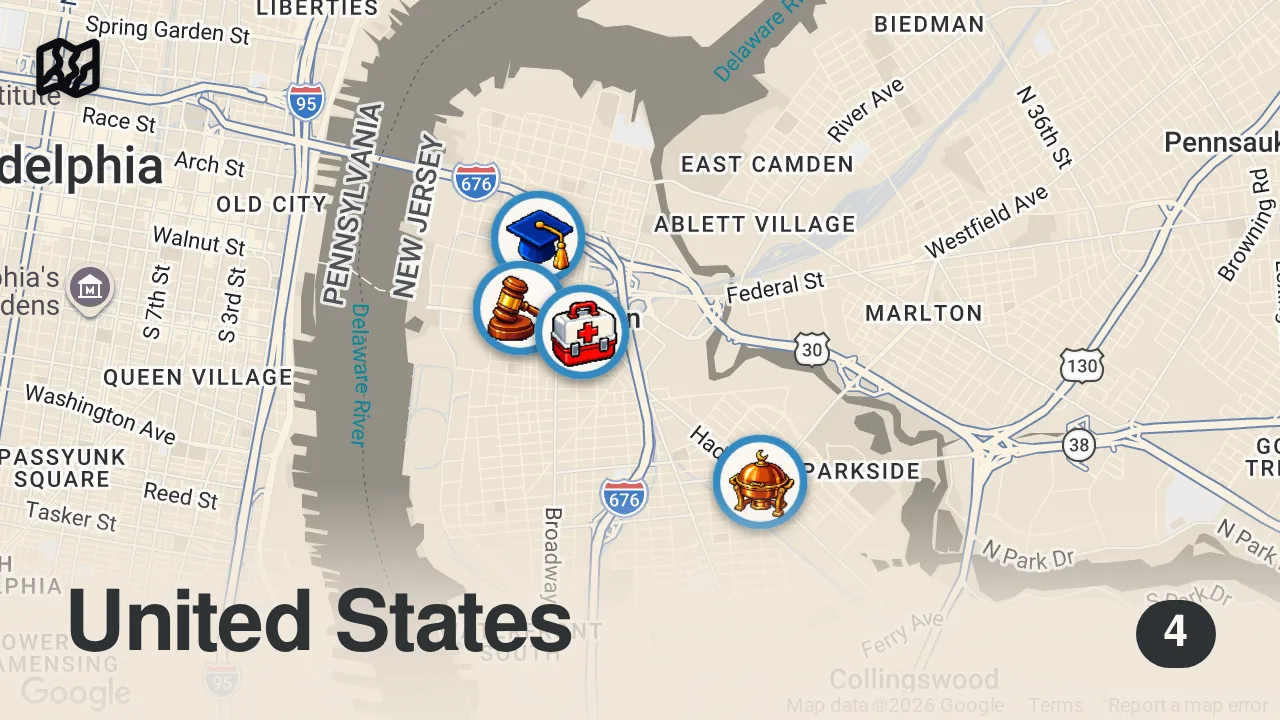 Map of 4 spots from Best Halal Cart in Camden, NJ?