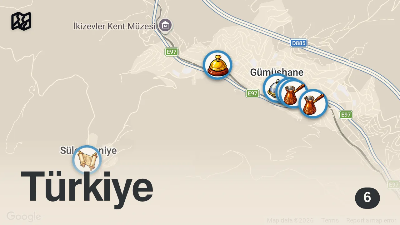 Map of 6 spots from GÜMÜŞHANE’DE HALKA SORDUM! 😊