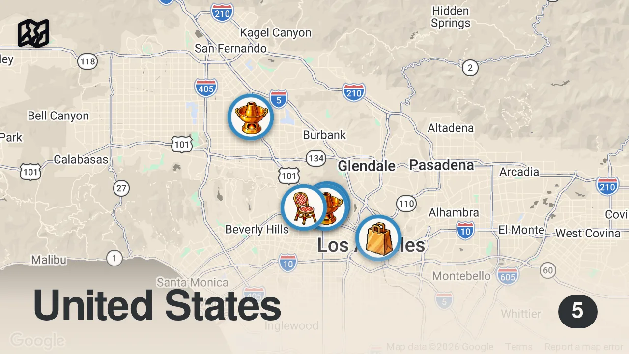 Map of 5 spots from Huge Thai Food Tour!! 🌶️ SPICY STREET FOOD + Boat Noodles!! | Best Thai Food in Los Angeles!!