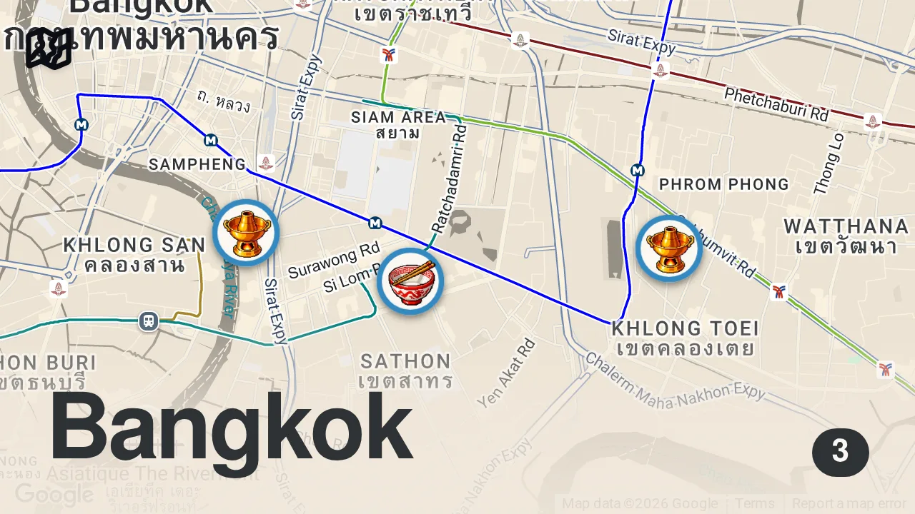 Map of 3 spots from Ranking Cheap to Expensive noodles in Thailand! 🇹🇭
