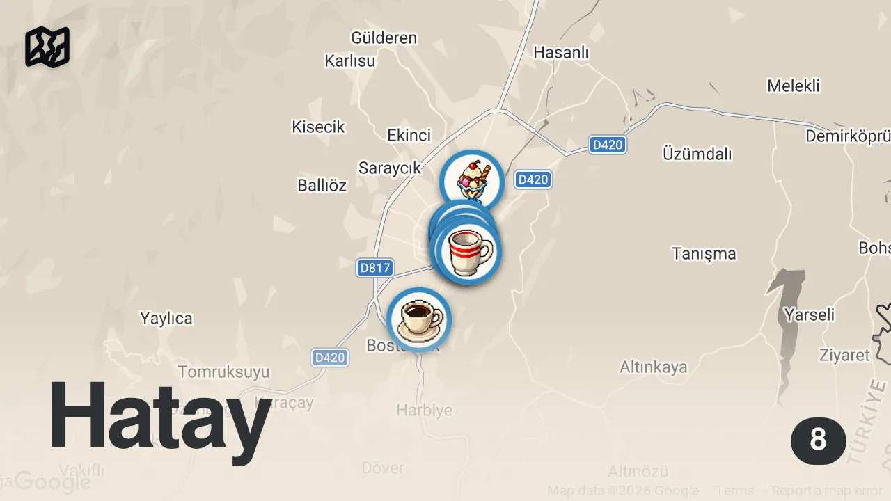 Map of 8 spots from INSANE Street Food In HATAY, Turkey 🇹🇷 - MAKING HATAY KÜNEFE + HUGE STREET FOOD TOUR IN ANTAKYA