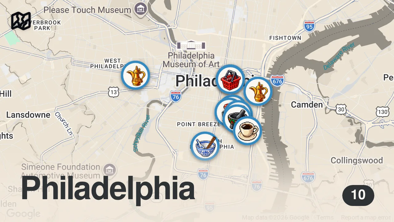 Map of 10 spots from EVERYTHING I ATE IN PHILLY: cheese steak, water ice, cannolis, roast pork sandwich and more…