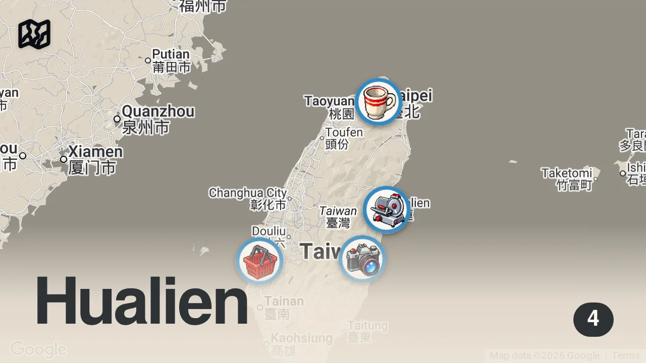Map of 4 spots from How much I eat in a day to cycle around Taiwan! (a TON)