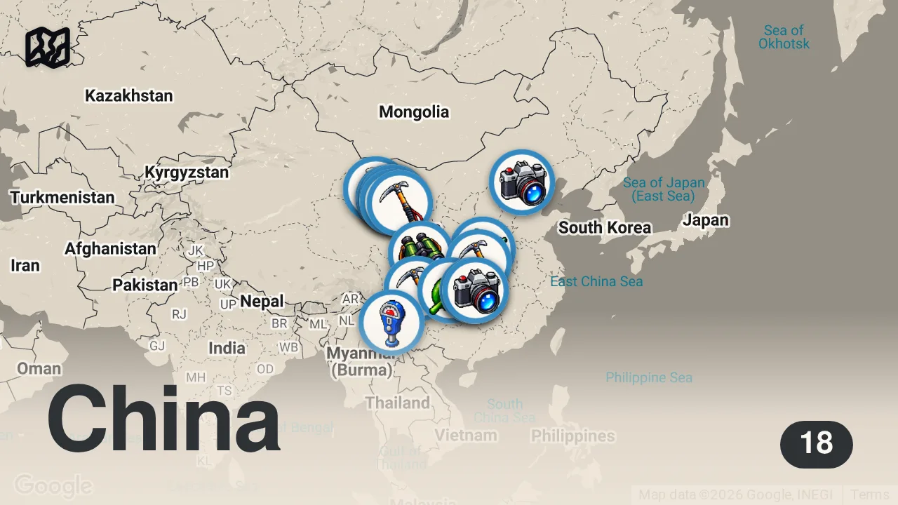 Map of 18 spots from CHINA: 10 of the Most Beautiful Places to Visit at All Prices | 4K Travel Guide