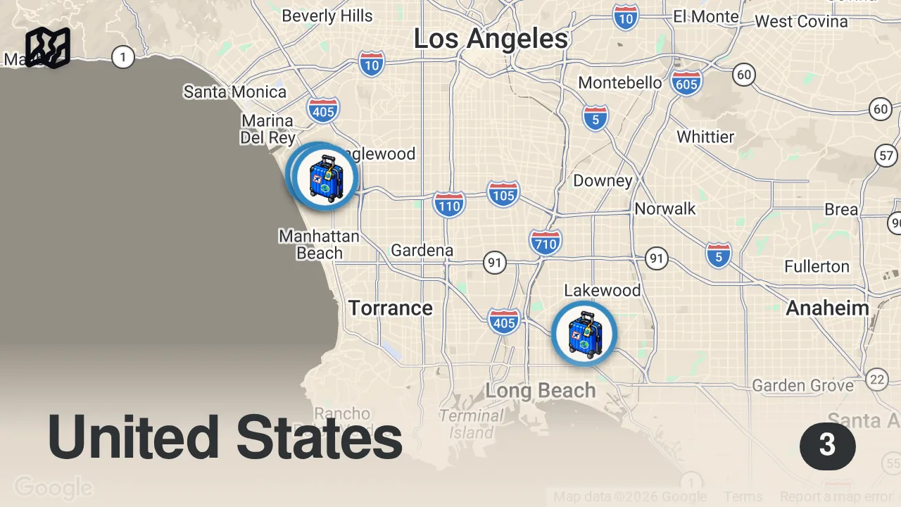 Map of 3 spots from Emirates Food Review - HUGE SHRIMP MACHBOOS on Business Class!! | LA to Dubai