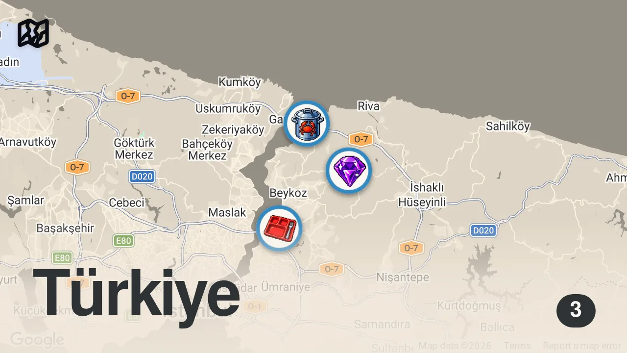 Map of 3 spots from ÇİĞDEM SEFEROĞLU İLE BİR GÜN (İstanbul'da tarladan sebze topladık) - Ayaküstü Lezzetler
