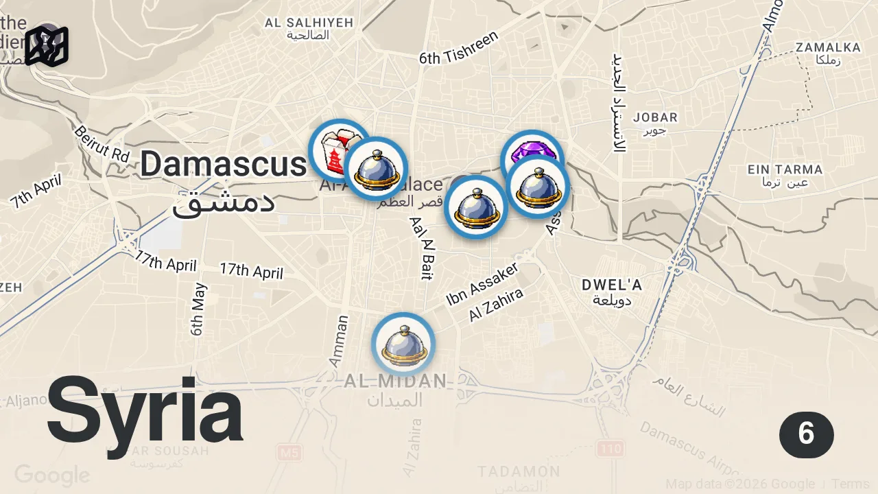 Map of 6 spots from First Time in Syria!! 14-Hour SYRIAN STREET FOOD Tour in Damascus!!