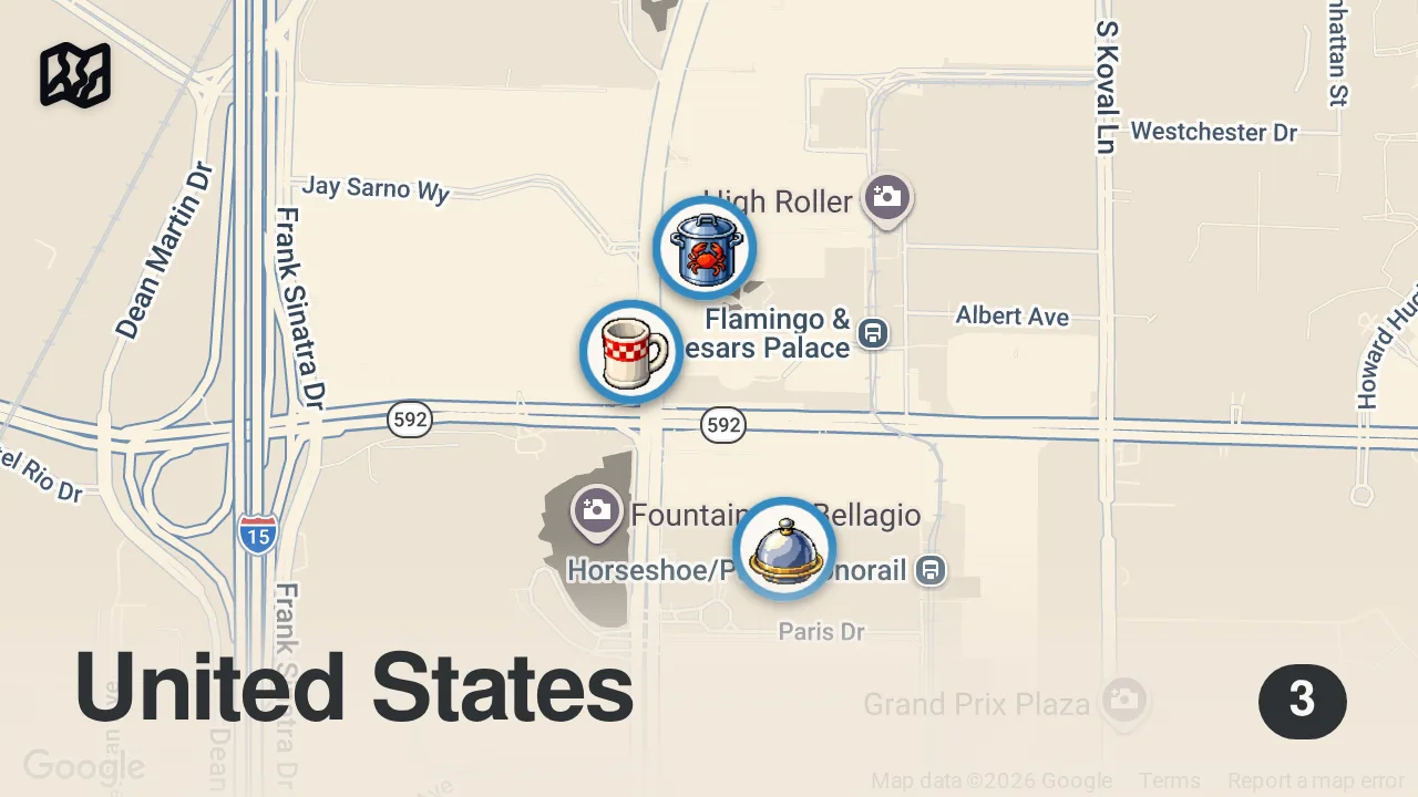 Map of 3 spots from Finding The Best Celebrity Restaurant In Las Vegas | Food Tours | Insider Food