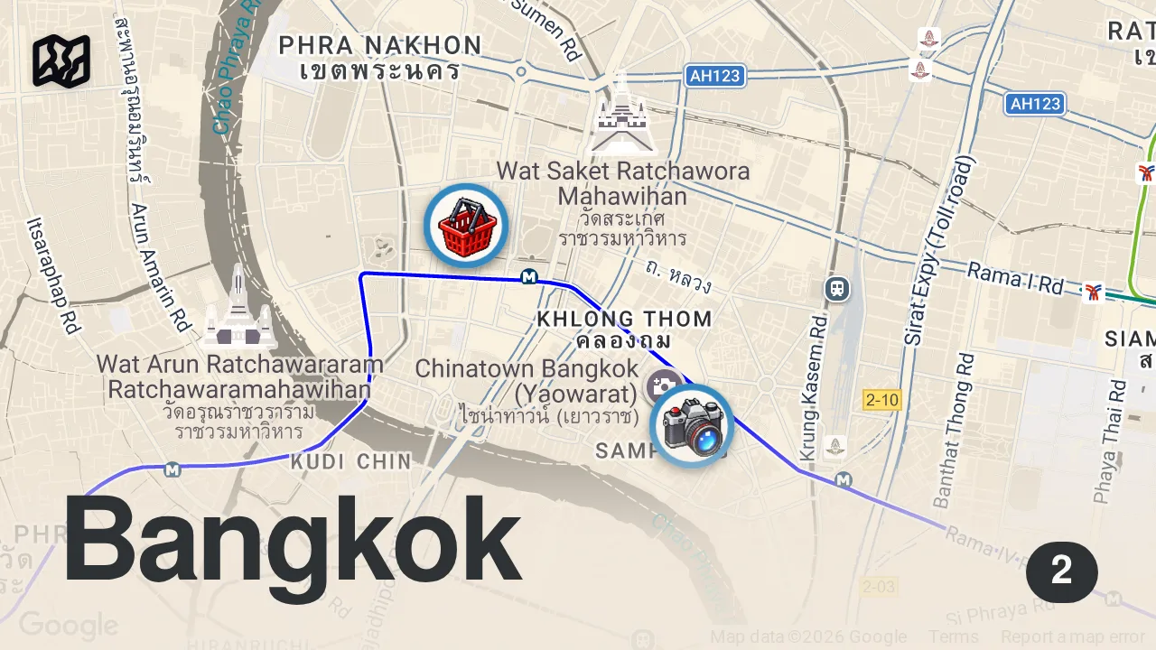 Map of 2 spots from 24 Hour Thai Street Food Challenge in Bangkok | Epic Food Journeys with Mark Wiens | Nat Geo