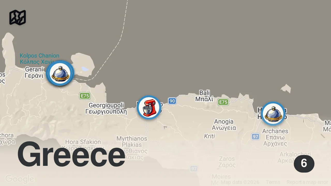 Map of 6 spots from GREEK FOOD In CRETE - Huge GYROS & Insane Baklava Desserts 🇬🇷