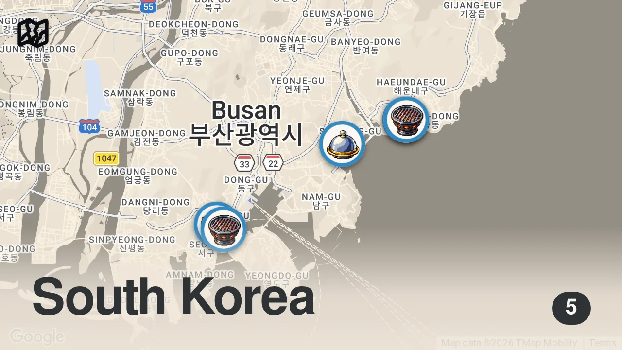 Map of 5 spots from 48 hours of KOREAN Food in BUSAN, South Korea | Best Eats in Busan