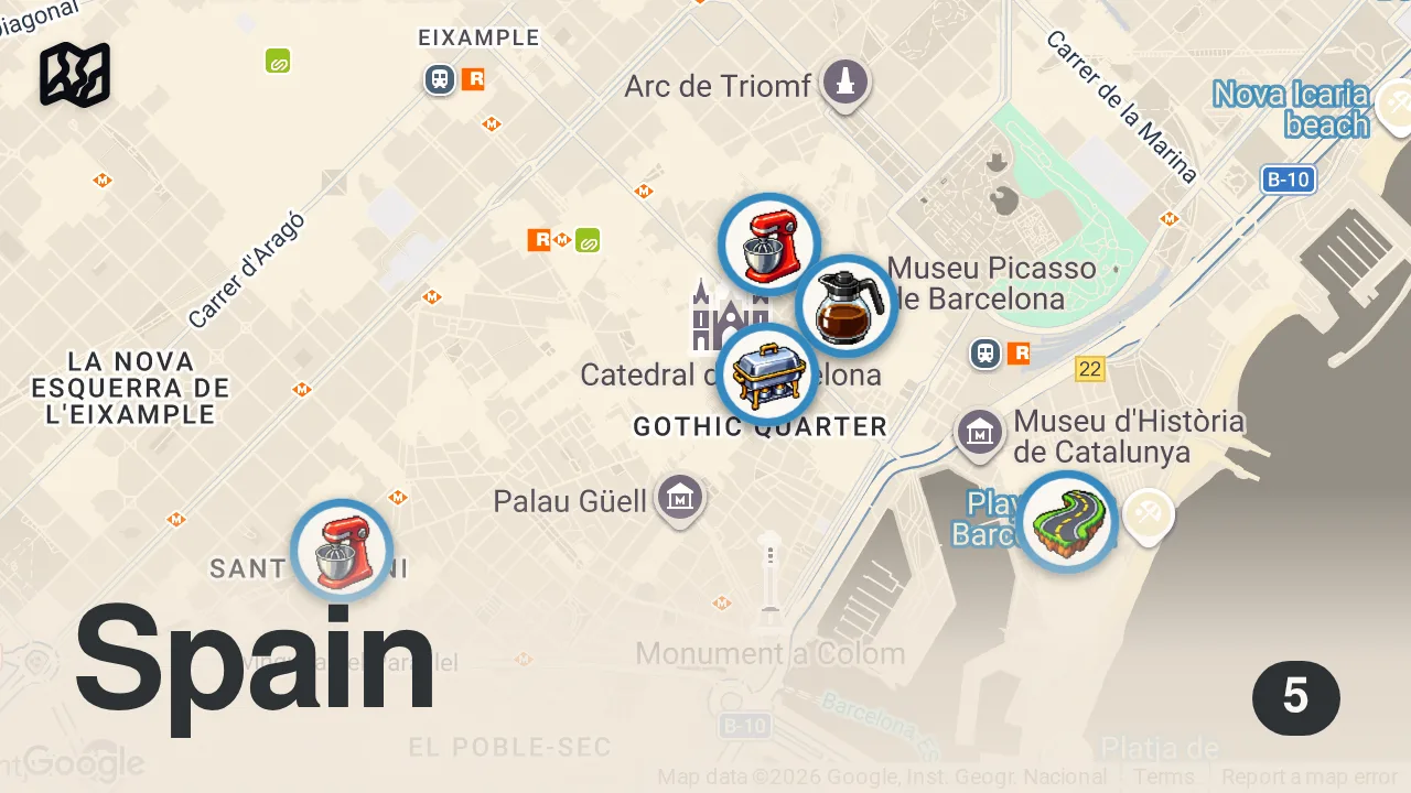 Map of 5 spots from 5 Must-Try Bakeries in Barcelona (Crema Catalana to Cheesecake!)