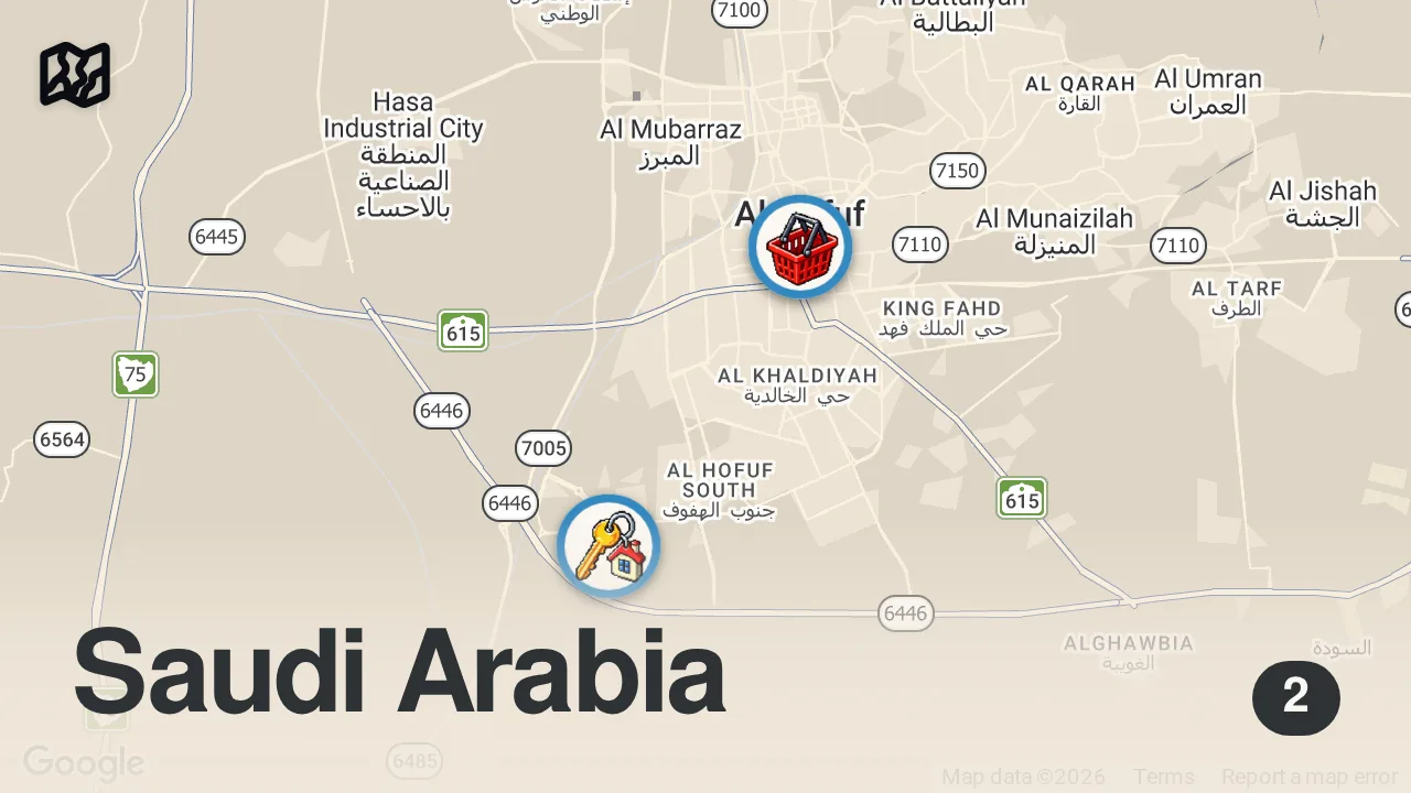 Map of 2 spots from Better Than GOLD!! Rare ARABIAN FOOD in World’s Biggest Oasis - 2 Million Palm Trees!