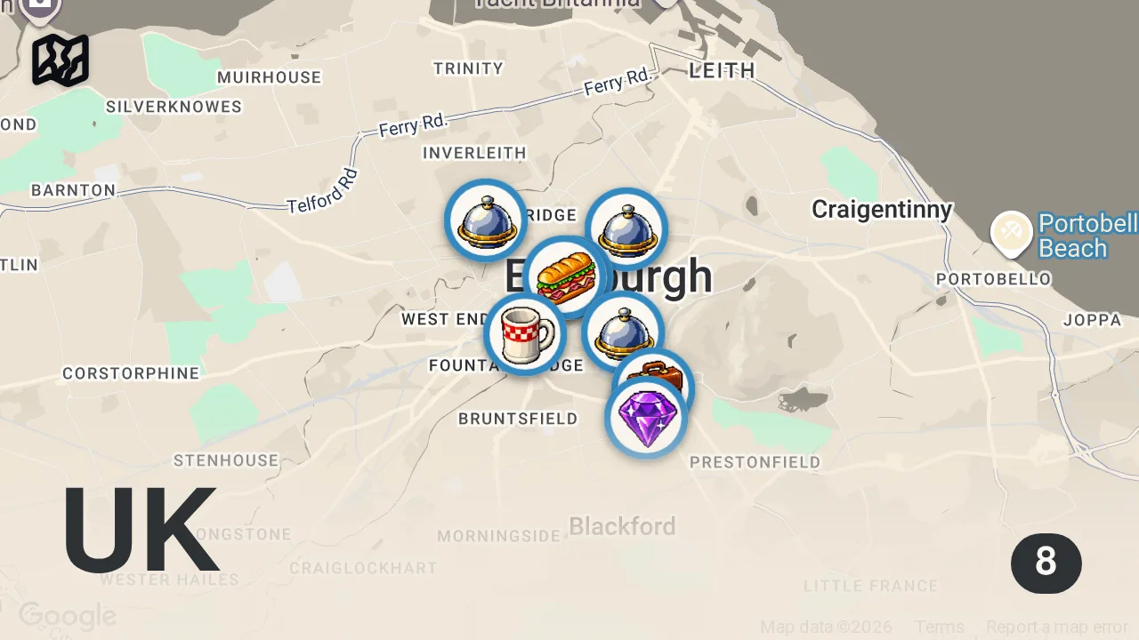 Map of 8 spots from EDINBURGH BEST FOOD AND DRINK GUIDE