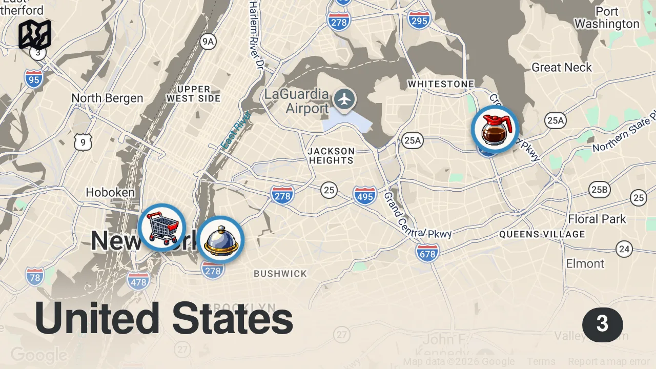 Map of 3 spots from FROM QUEENS TO MANHATTAN: NEW YORK CITY FOOD MARATHON | FTD