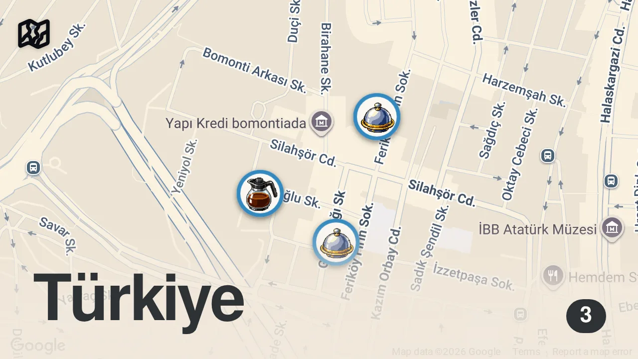 Map of 3 spots from BOMONTİ LEZZET REHBERİ (Kore tavuk burger, ruben, uykuluk, brisketli patates) - Ayaküstü Lezzetler