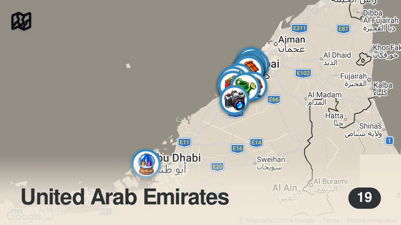Map of 19 spots from Best Things To Do in Dubai UAE 2026 4K