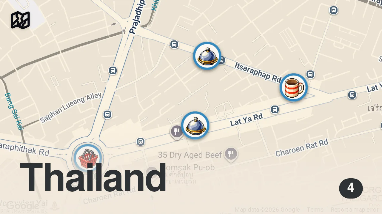 Map of 4 spots from Bangkok Street Food - $2 SPICY SQUID!! | Real Local Thai Food!