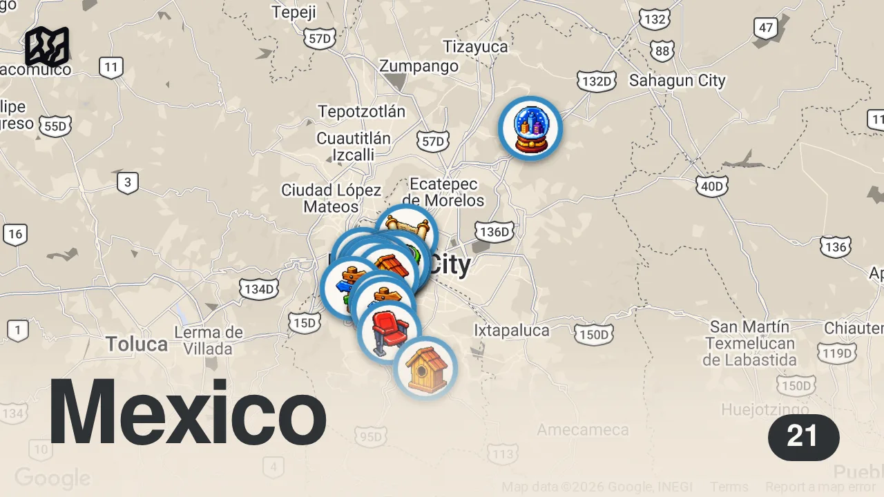 Map of 21 spots from Best Things To Do in Mexico City 4K