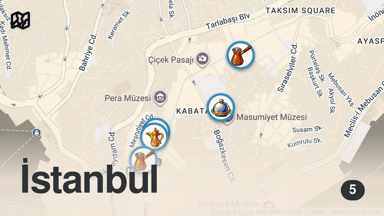 Map of 5 spots from BEYOĞLU LEZZETLERİ (Hamsi kuşu, Develi cıvıklısı, Hatay dürümü) - Ayaküstü Lezzetler