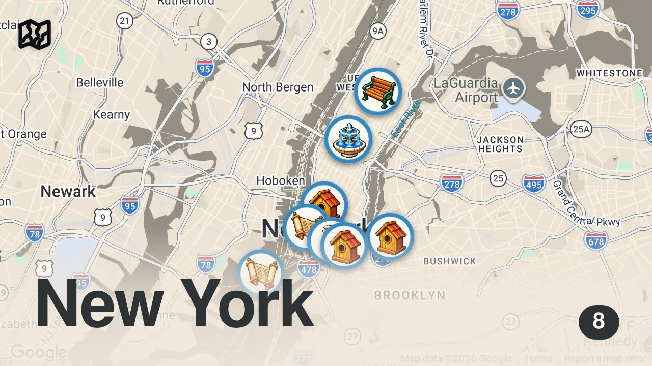 Map of 8 spots from NEW YORK CITY Reise Vlog 2026 | Alle Sehenswürdigkeiten | Tipps | Urlaub | Highlights | Doku | 4K