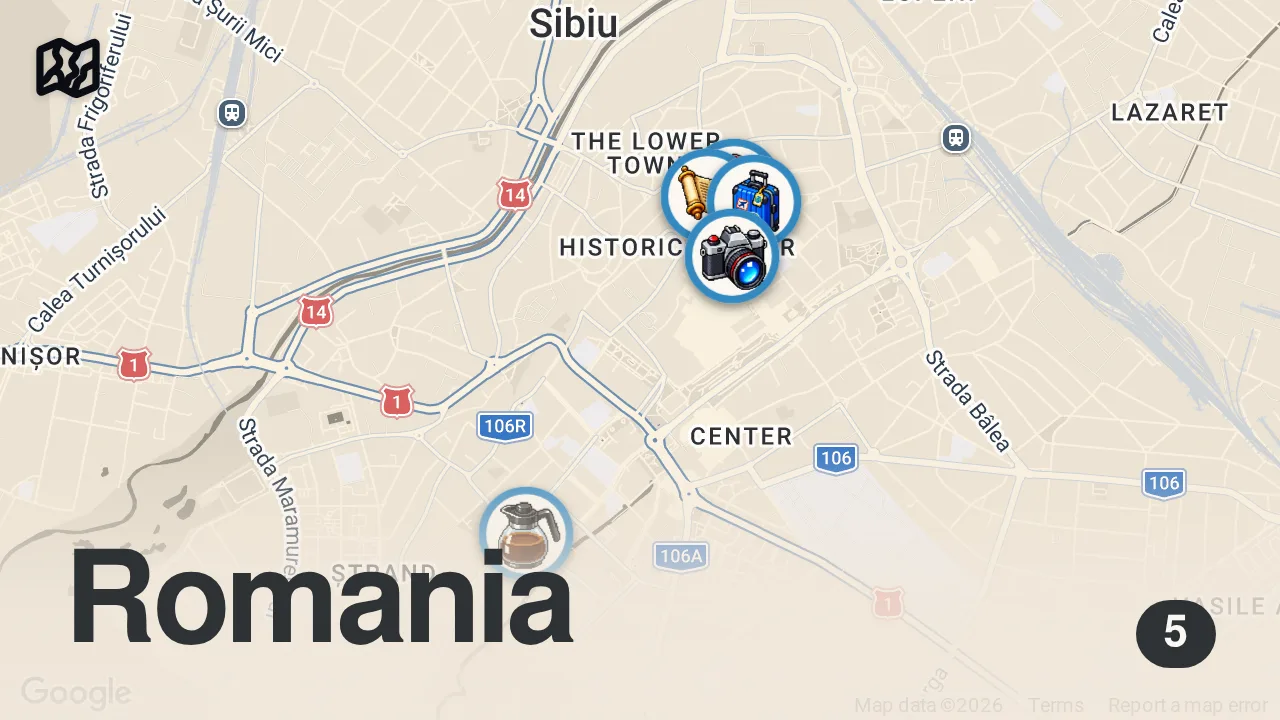 Map of 5 spots from Creepy Or Amusing? Sibiu - The Town With Eyes In Romania 🇷🇴
